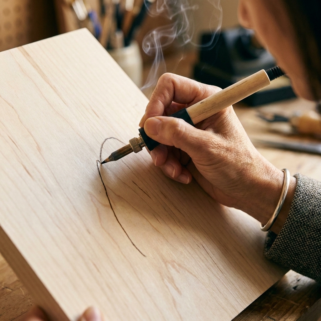 A woodburning pen tip creating a smooth, fine outline on a pale wood plaque, with the artist’s hand braced for steady control