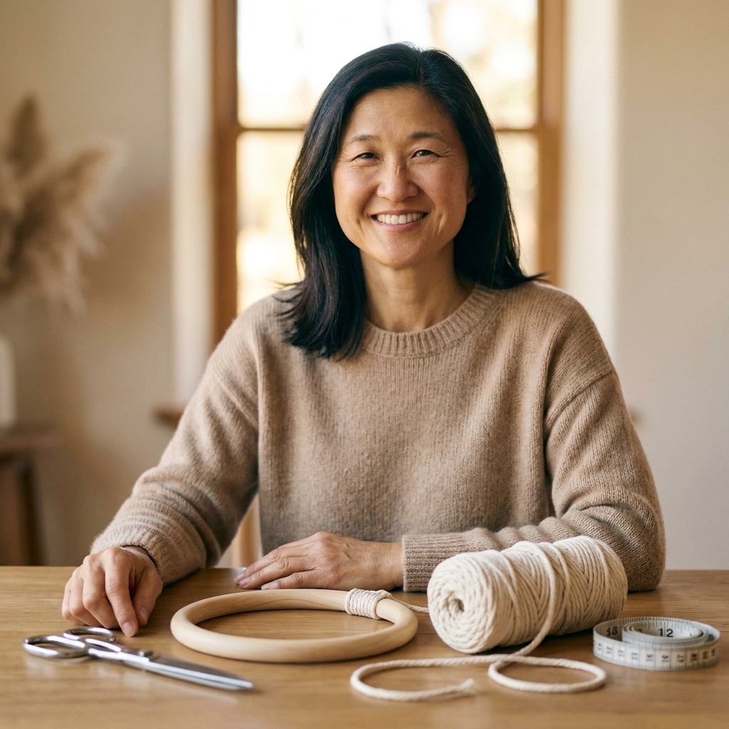 A wooden macrame ring on a table next to coiled natural cotton cord, scissors, and a measuring tape ready for a DIY project