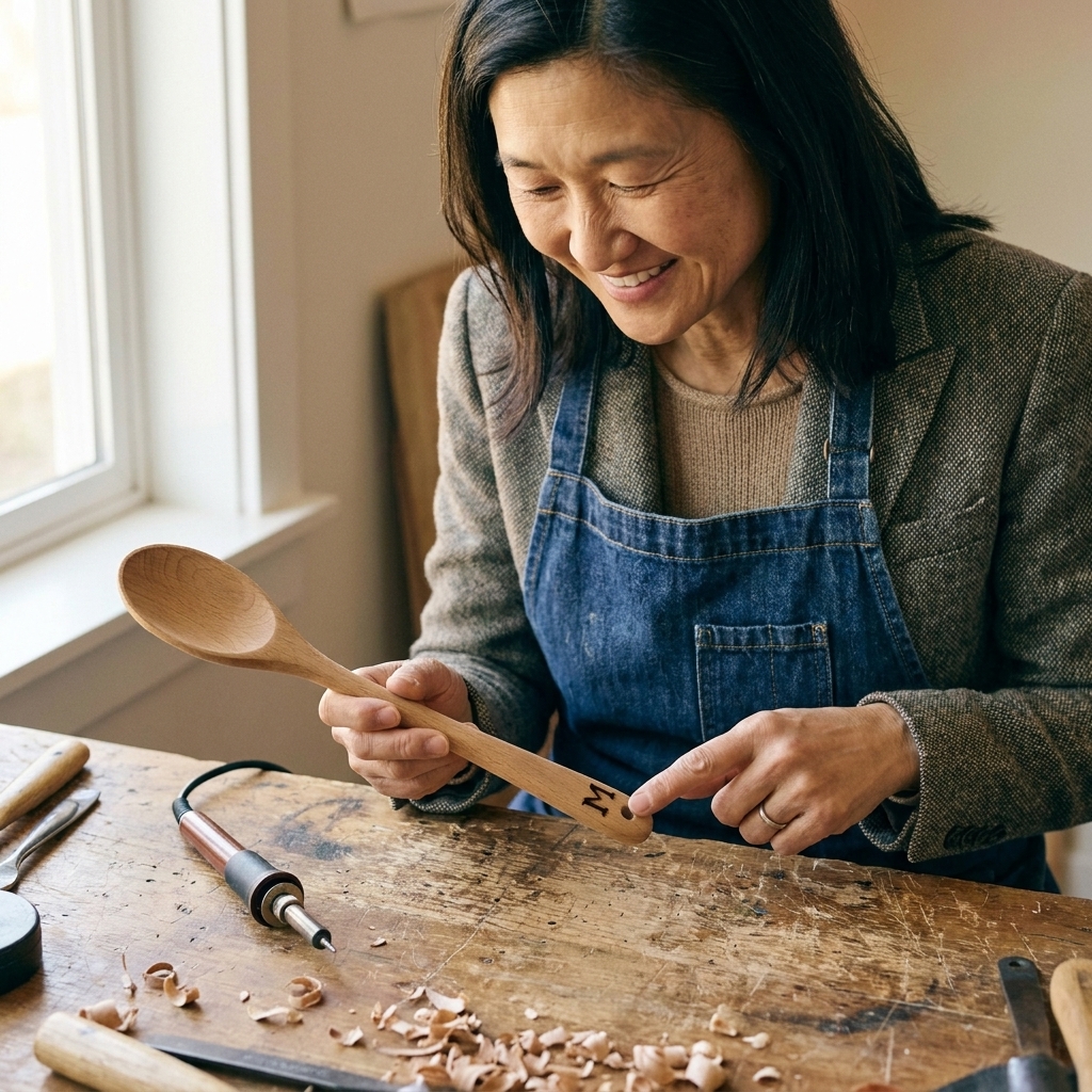 A wooden spoon with a single burned initial on the handle resting on a work surface with a wood burning tool nearby