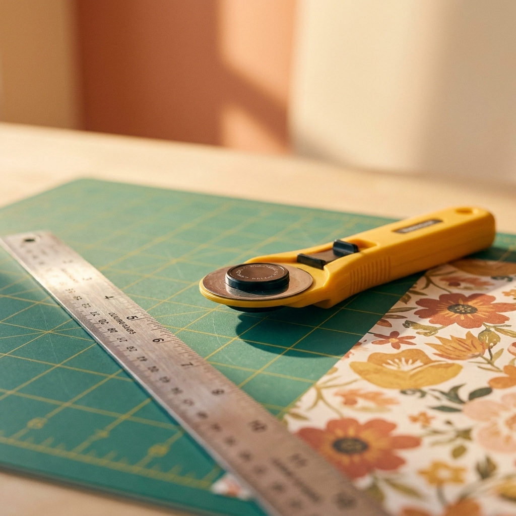 A yellow-handled rotary cutter resting next to a metal quilting ruler on a self-healing cutting mat with patterned scrapbook paper