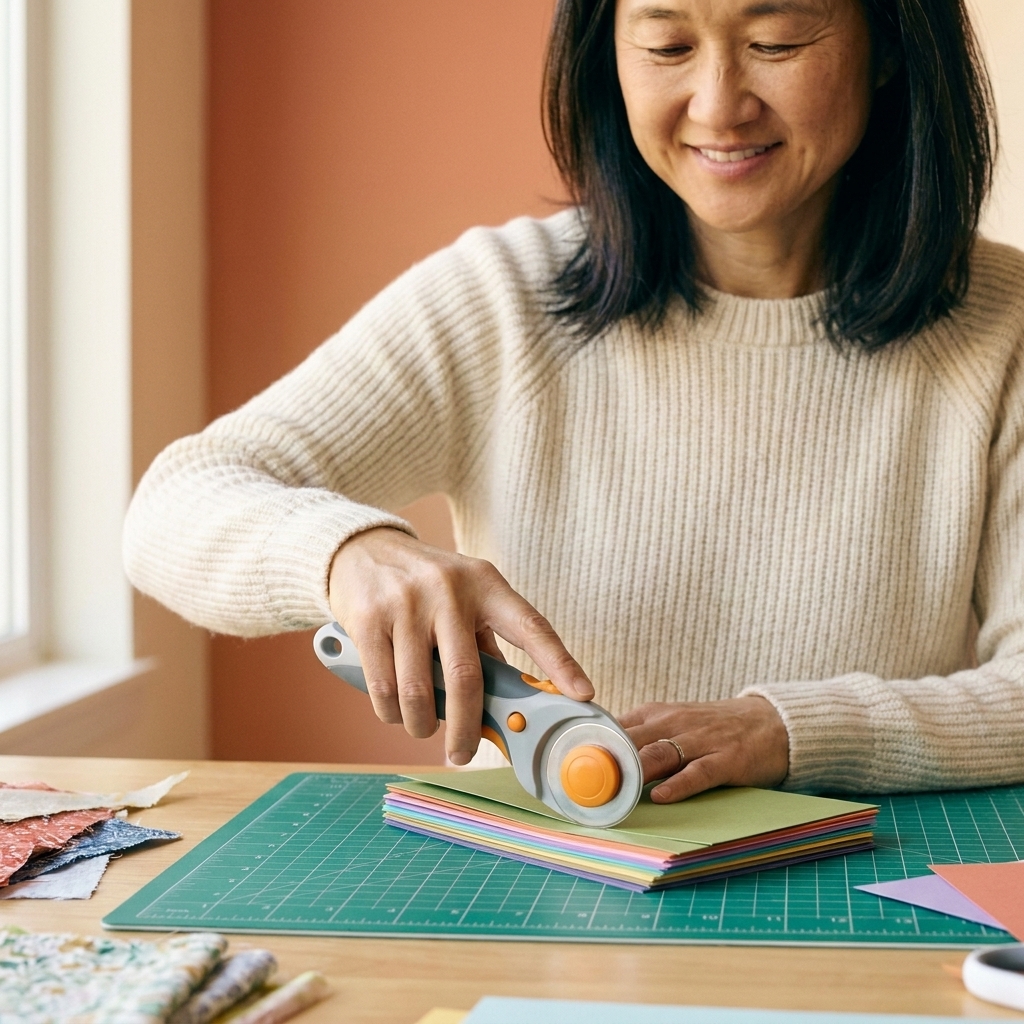 An ergonomic rotary cutter on a craft table near a stack of cardstock and a green cutting mat