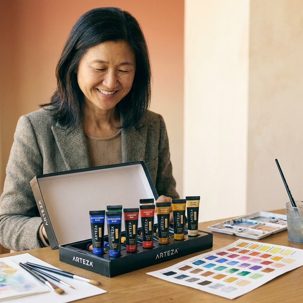 An open Arteza acrylic paint set on a desk with several tubes standing upright and a painted color swatch sheet nearby