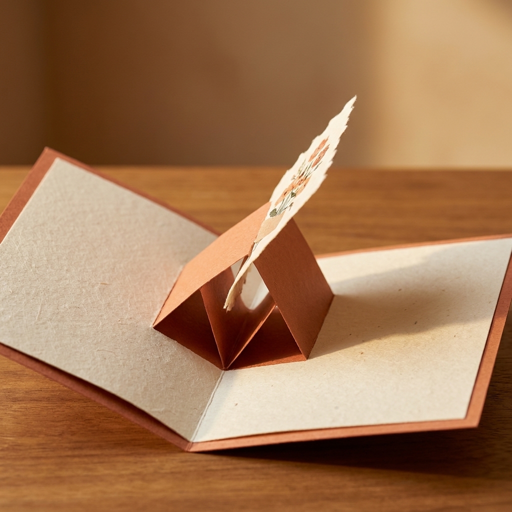 An open greeting card showing a V-fold paper mechanism attached to both inner panels, with the folded strip lifting upward from the center fold