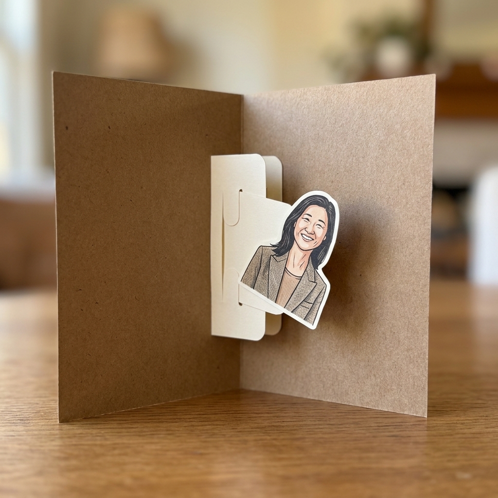 An open greeting card showing a small paper swing tab mechanism in the center, with a lightweight cutout attached and slightly rotated