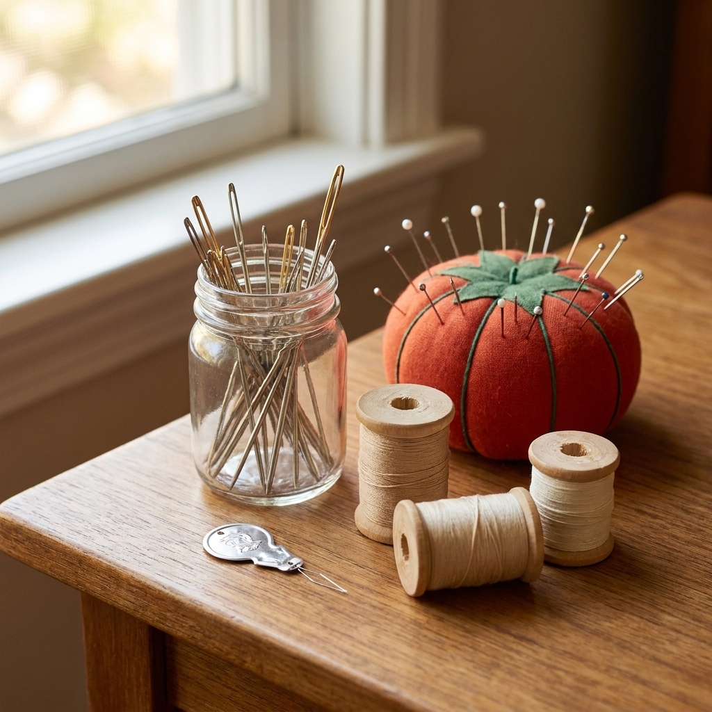 Assorted hand-sewing needles, a small needle threader, and neutral thread spools arranged next to a pincushion