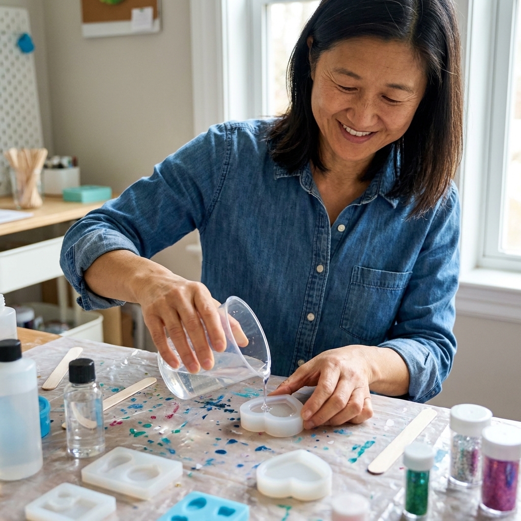 Clear epoxy resin being poured into a small silicone pendant mold on a protected craft table