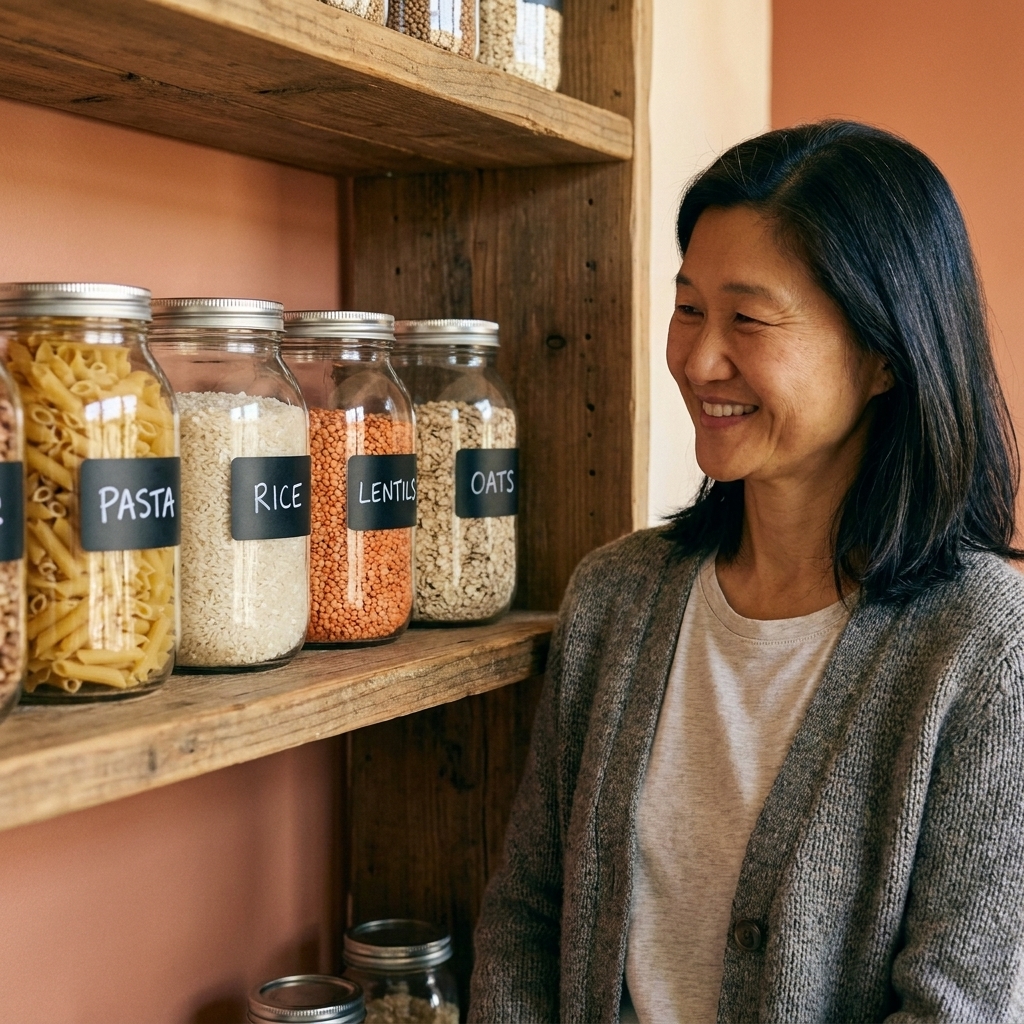 Clear glass pantry jars with simple black vinyl labels lined up on a wooden shelf