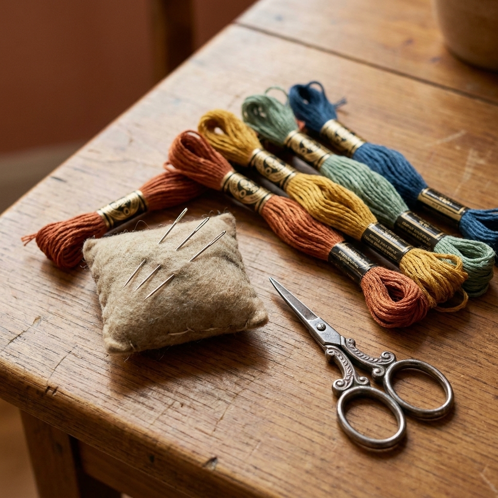 Embroidery floss skeins beside a few hand embroidery needles and small scissors on a wooden table
