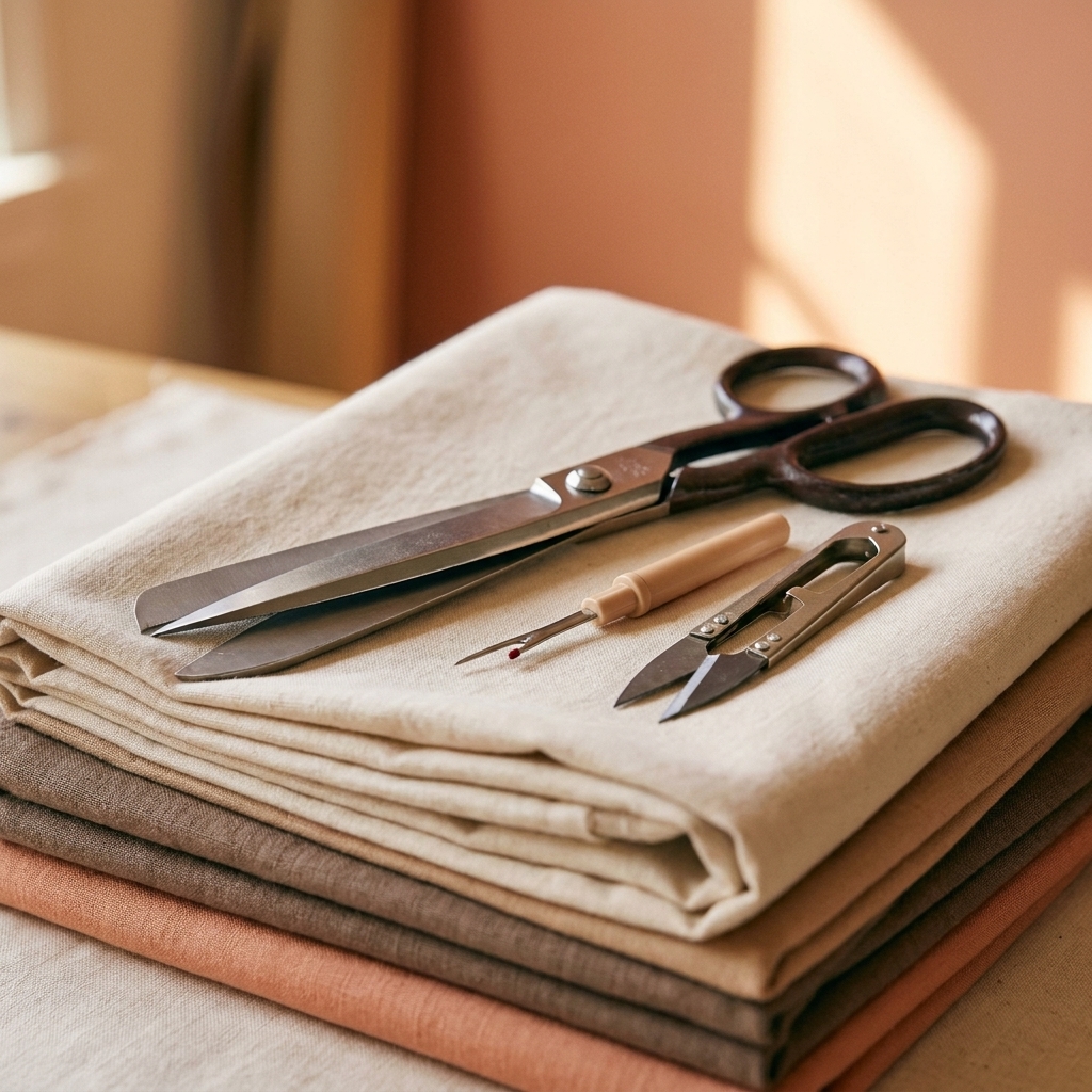 Fabric dressmaking shears beside a seam ripper and thread snips on top of folded cotton fabric