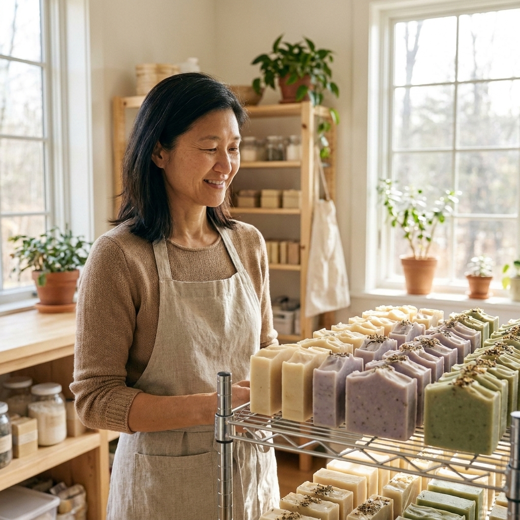 Freshly cut handmade soap bars standing upright on a wire rack to cure in a bright, airy room