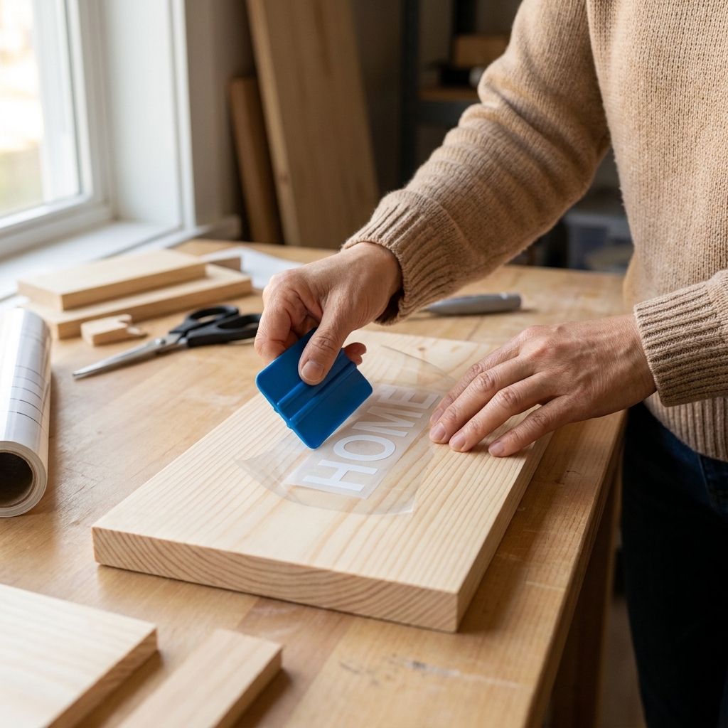 Hands applying transfer tape to a small vinyl decal on a wooden sign blank, using a scraper tool to burnish