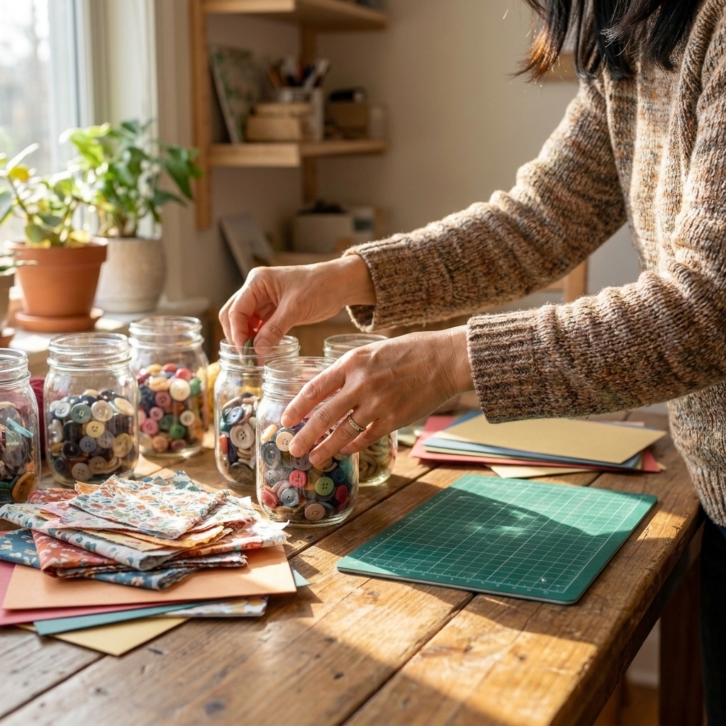 Hands arranging craft supplies on a wooden table, with jars of buttons, fabric scraps, paper, and a small cutting mat in warm natural light