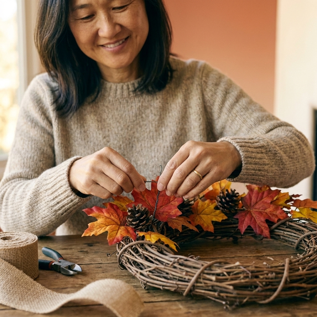 Hands attaching faux fall leaves and pinecones to a grapevine wreath with floral wire and a burlap ribbon nearby on a wooden table