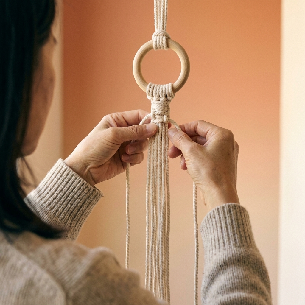 Hands creating a wrap knot around a bundle of macrame cords just below a wooden ring