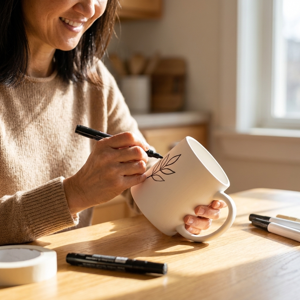 Hands drawing a simple design on a white ceramic mug using a black paint marker at a bright kitchen table