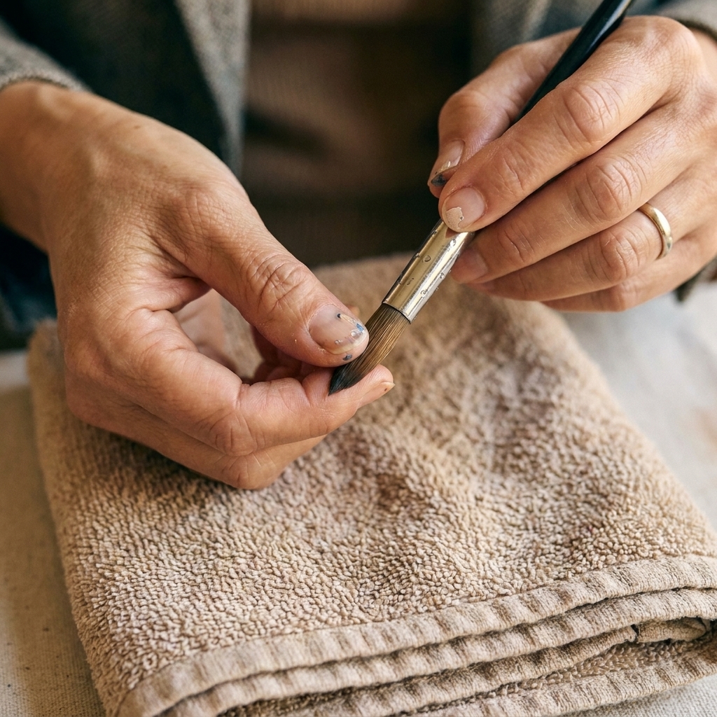 Hands gently pinching and rolling the tip of a clean round paintbrush to reshape a sharp point over a folded towel