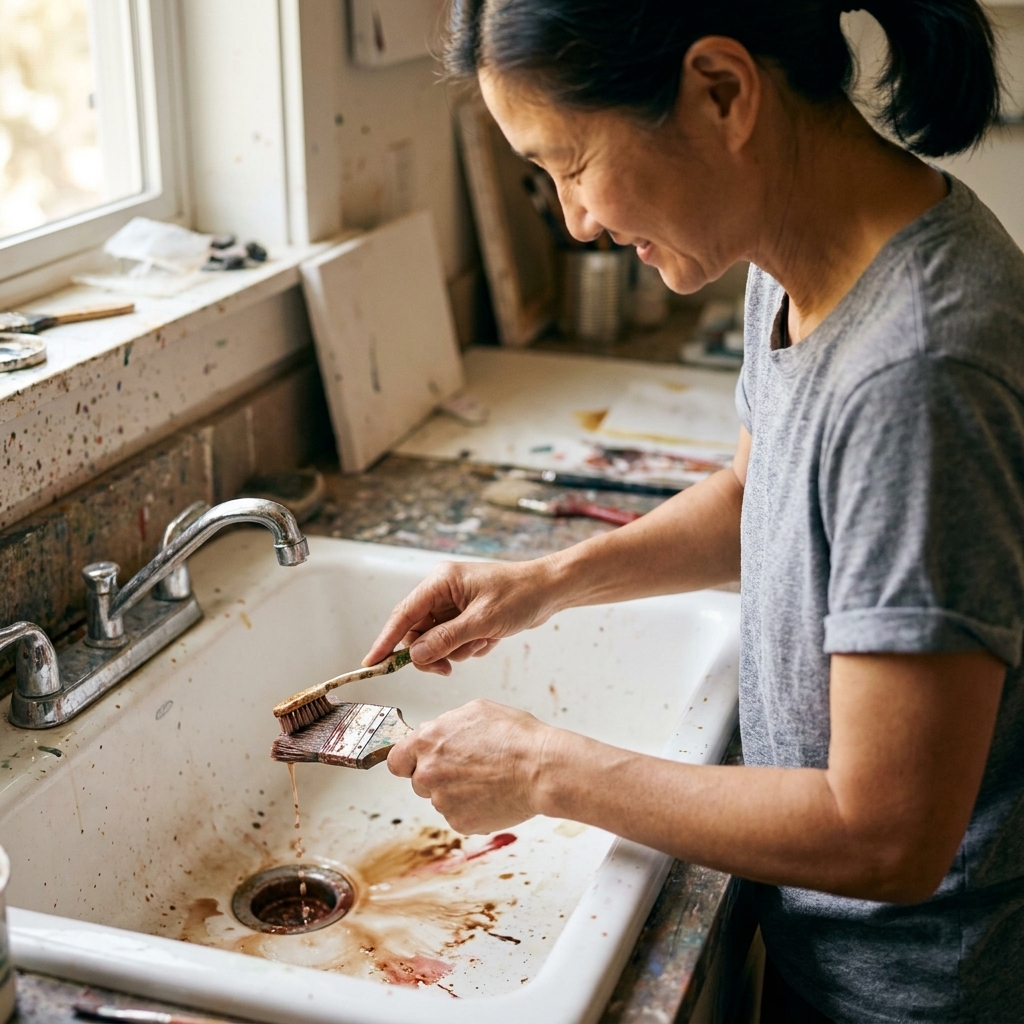 Hands gently scrubbing a paintbrush bristle bundle with an old toothbrush over a sink while loosened paint rinses away