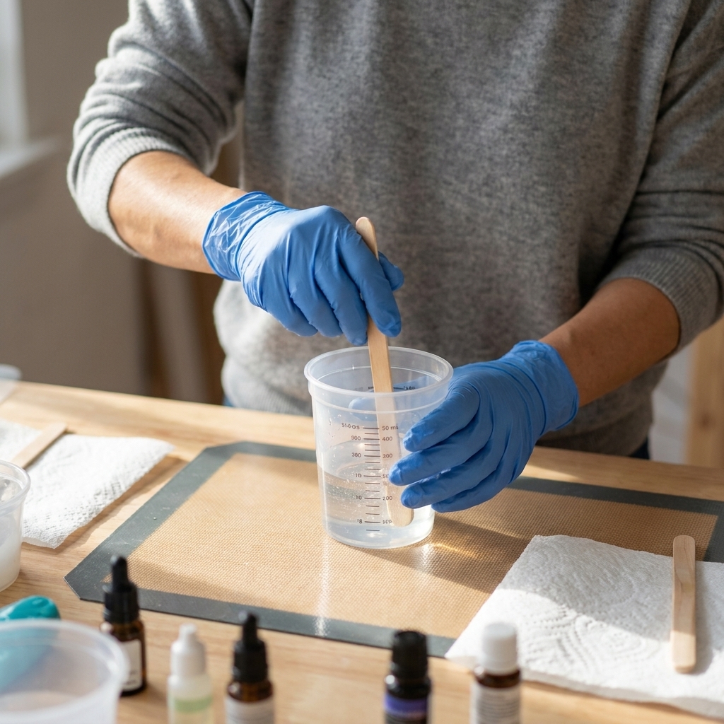 Hands in nitrile gloves slowly stirring clear epoxy resin in a graduated mixing cup with a wooden stir stick on a protected craft table