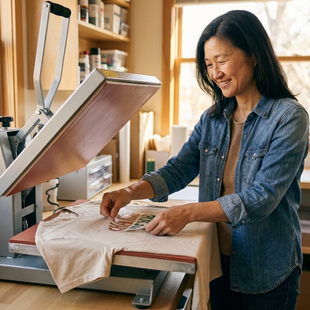 Hands placing a heat transfer vinyl design on a plain cotton t shirt on a heat press
