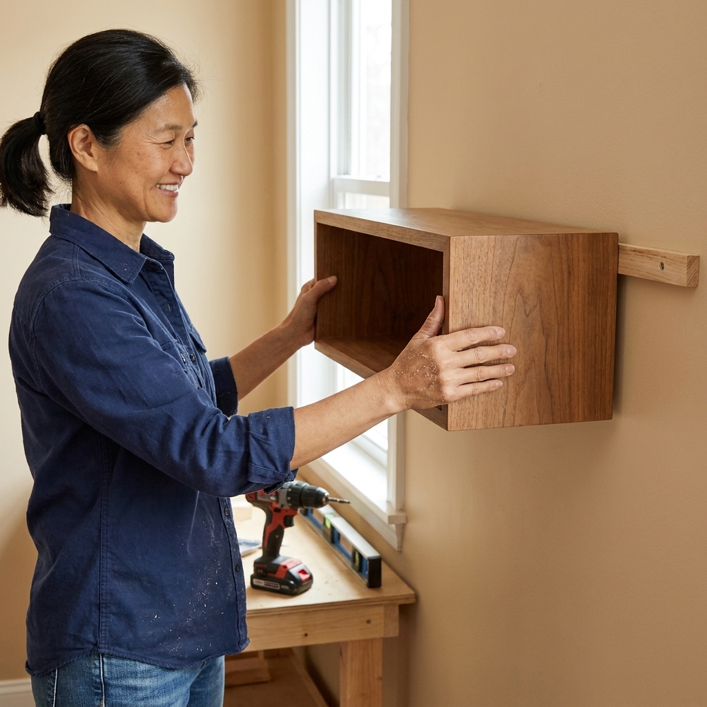 Hands sliding a finished wooden floating shelf box onto a mounted wall cleat, with the shelf aligning flush against the wall