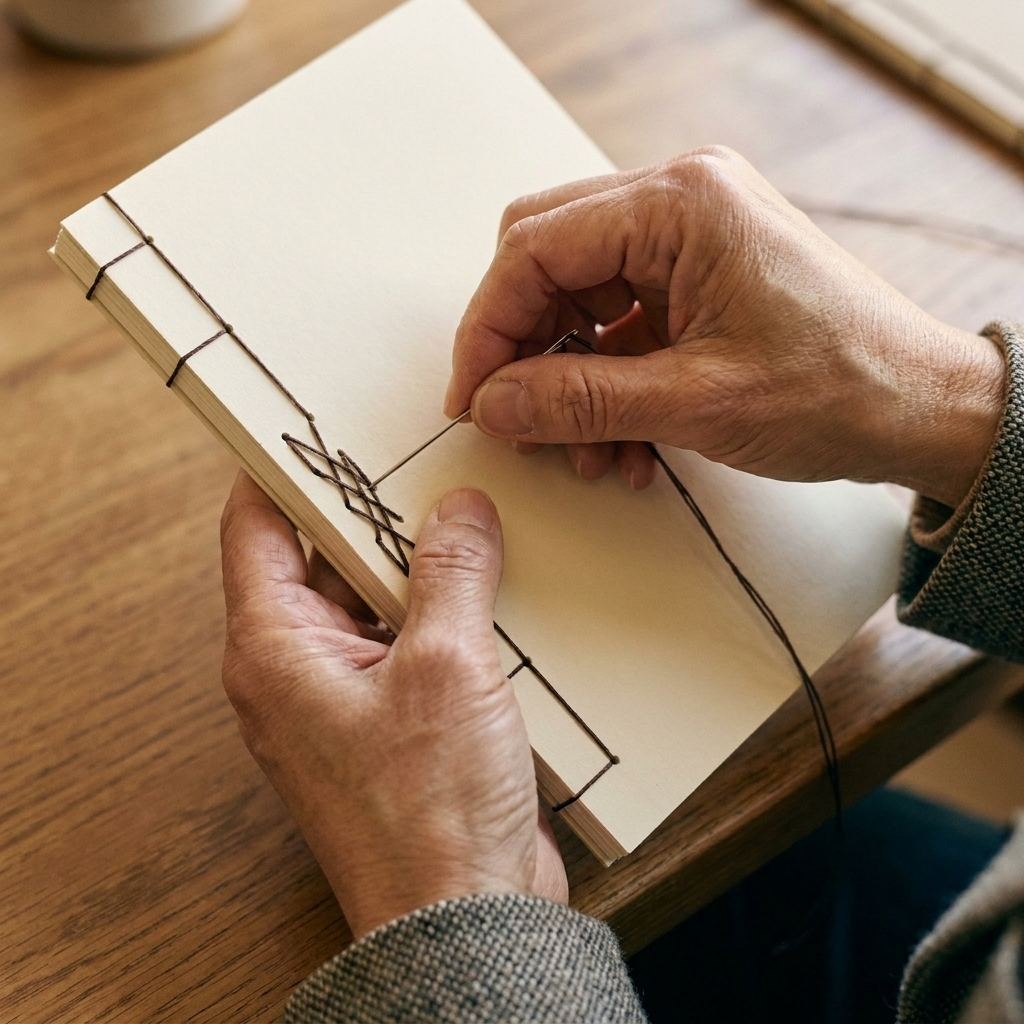 Hands stitching a Japanese stab binding pattern with dark thread through a cream cardstock cover, the needle passing through a punched hole