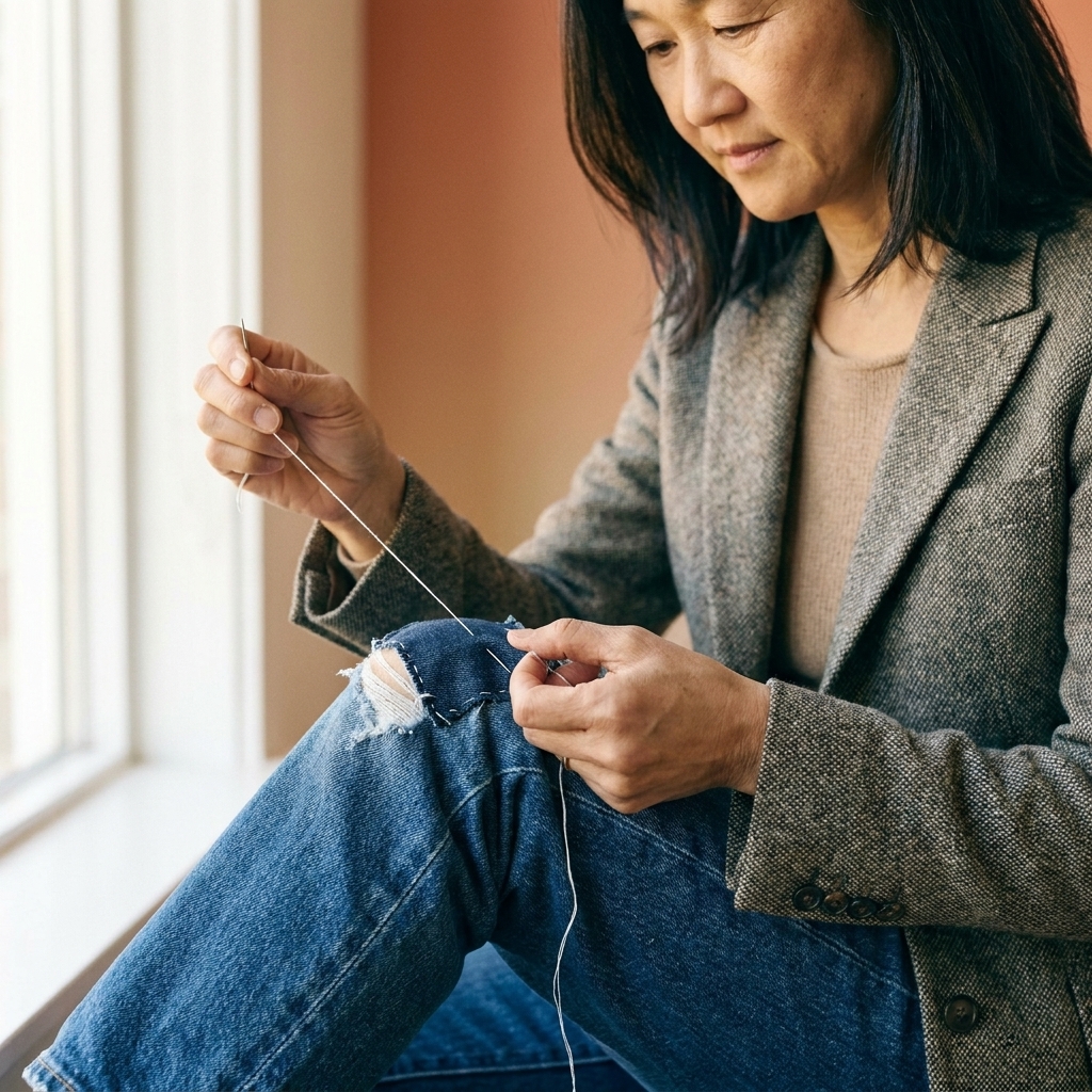 Hands stitching a denim patch onto torn jeans with white thread