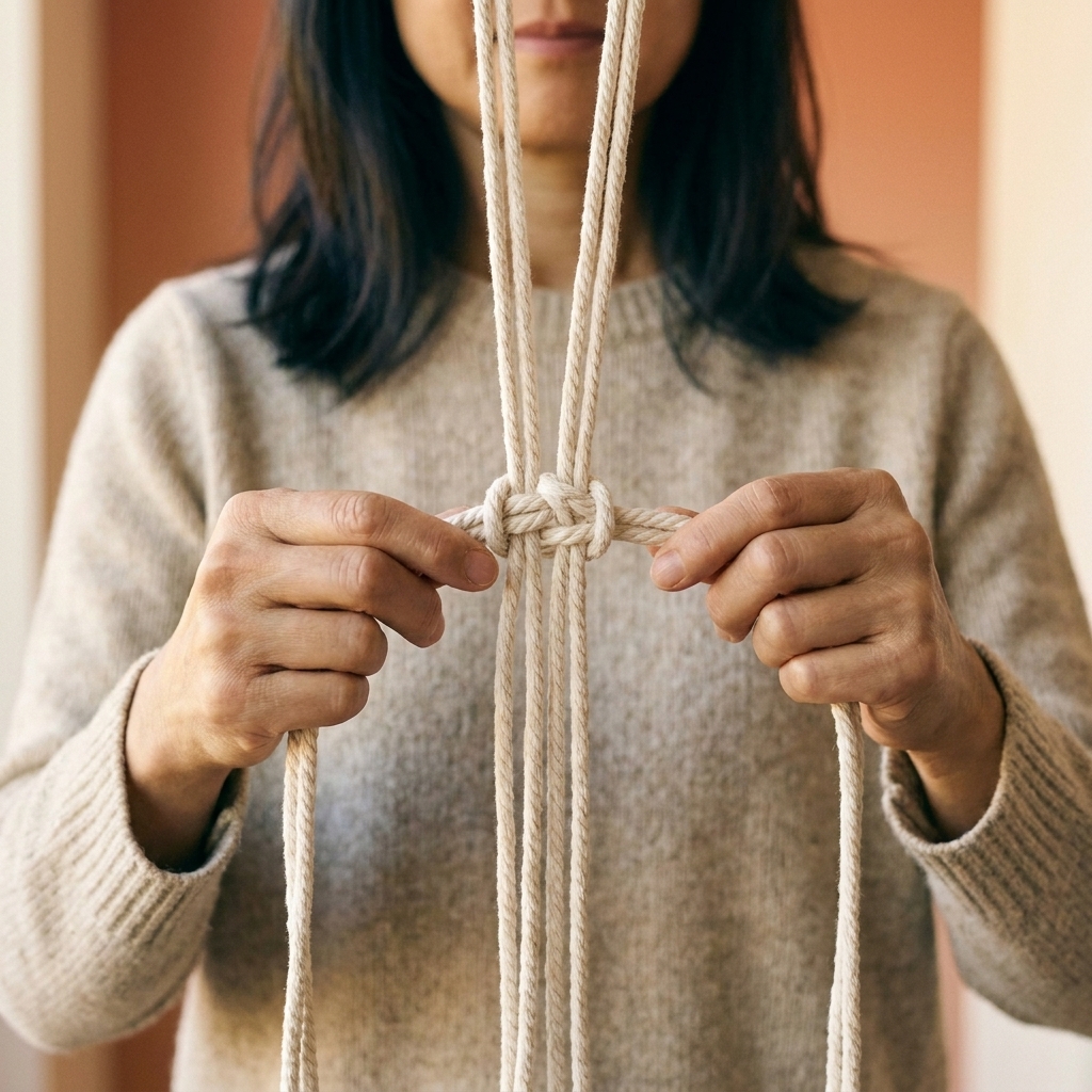 Hands tying a square knot with natural cotton macrame cord, showing four strands separated into two center fillers and two outer working cords
