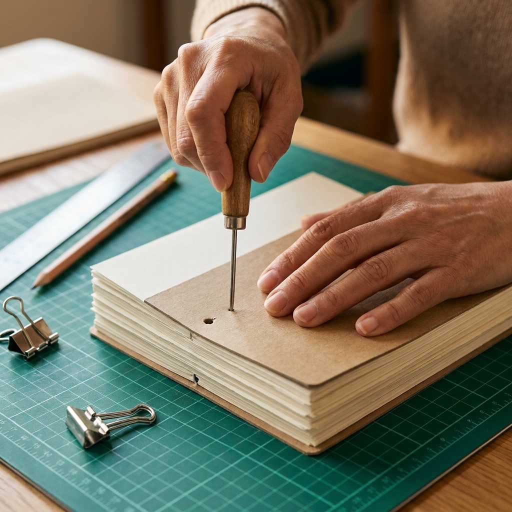 Hands using a metal awl to punch a hole through a clipped stack of paper and cardstock covers on a cutting mat