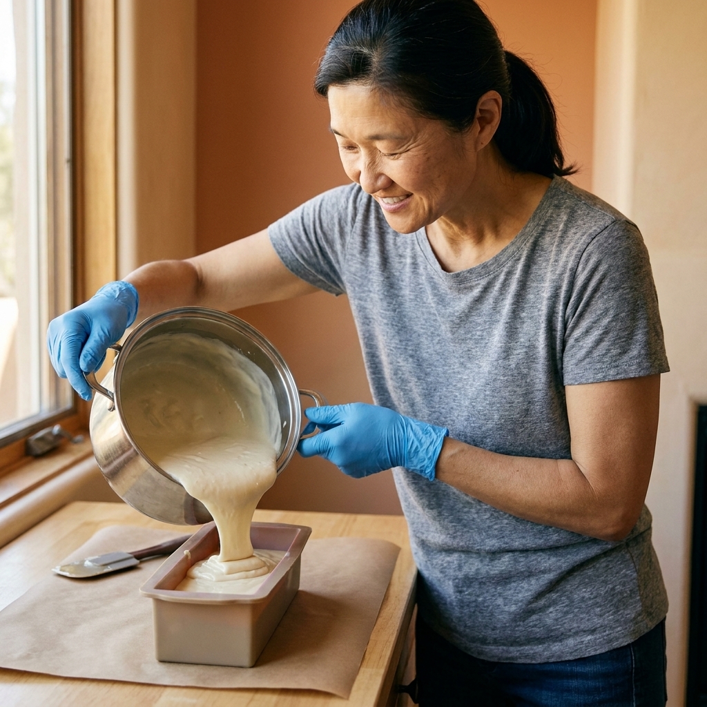 Hands wearing nitrile gloves pouring creamy soap batter from a stainless steel pot into a silicone loaf mold on a protected countertop