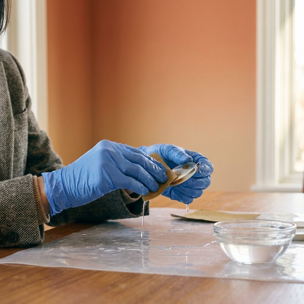 Hands wearing nitrile gloves wet-sanding the edge of a small resin pendant with fine-grit sandpaper over a protected work surface