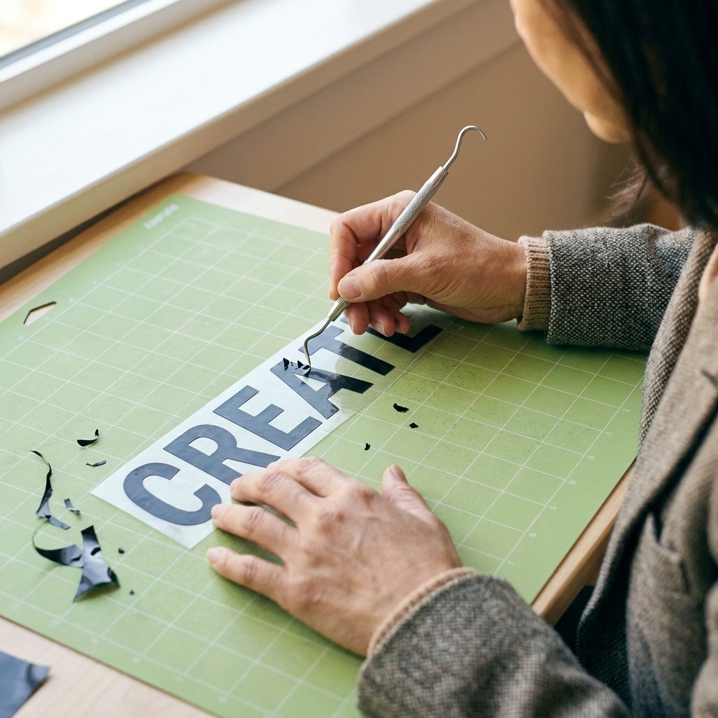 Hands weeding small letter details from a heat transfer vinyl word design while it rests on a cutting mat
