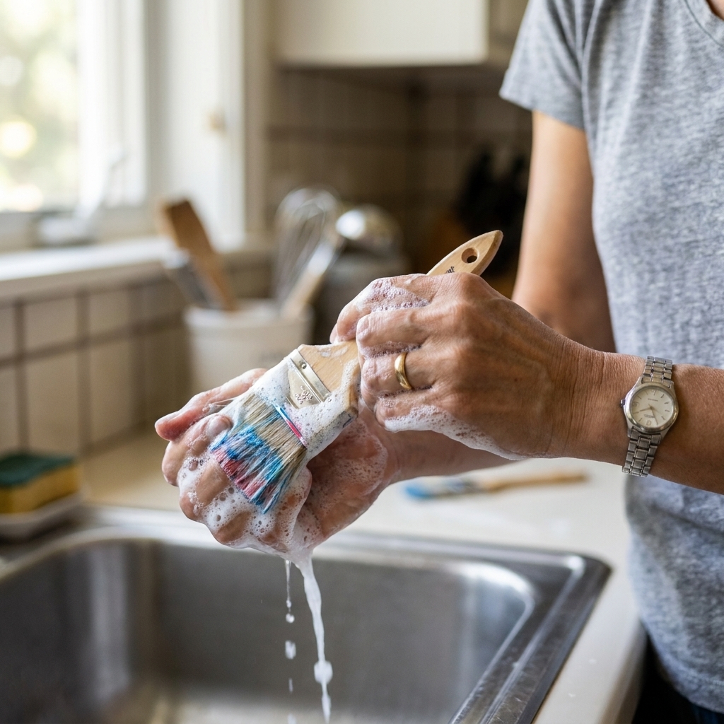 Hands working dish soap lather through an acrylic paintbrush over a sink, with faint color tinting the foam