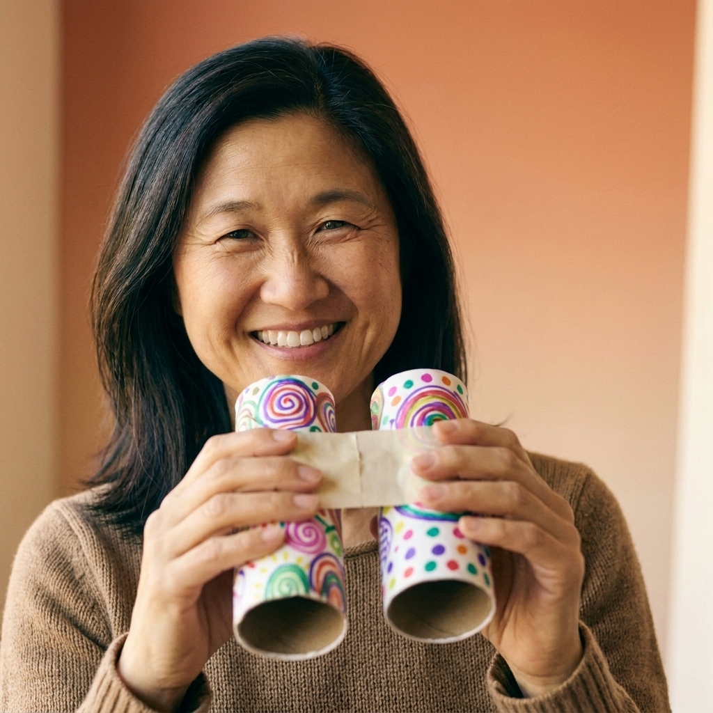 Homemade binoculars made from two taped toilet paper rolls decorated with colorful marker patterns
