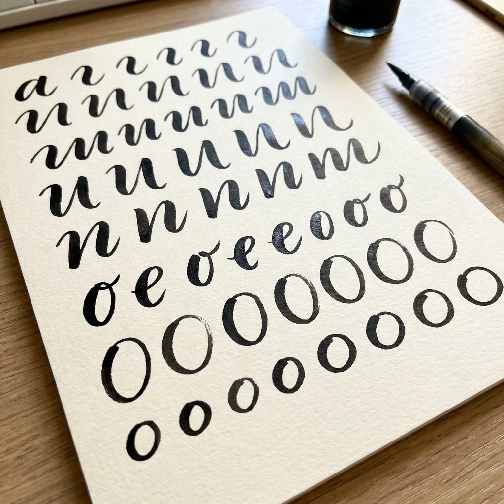 Practice paper filled with brush pen basic strokes including underturns, overturns, and ovals with clear thick-and-thin contrast
