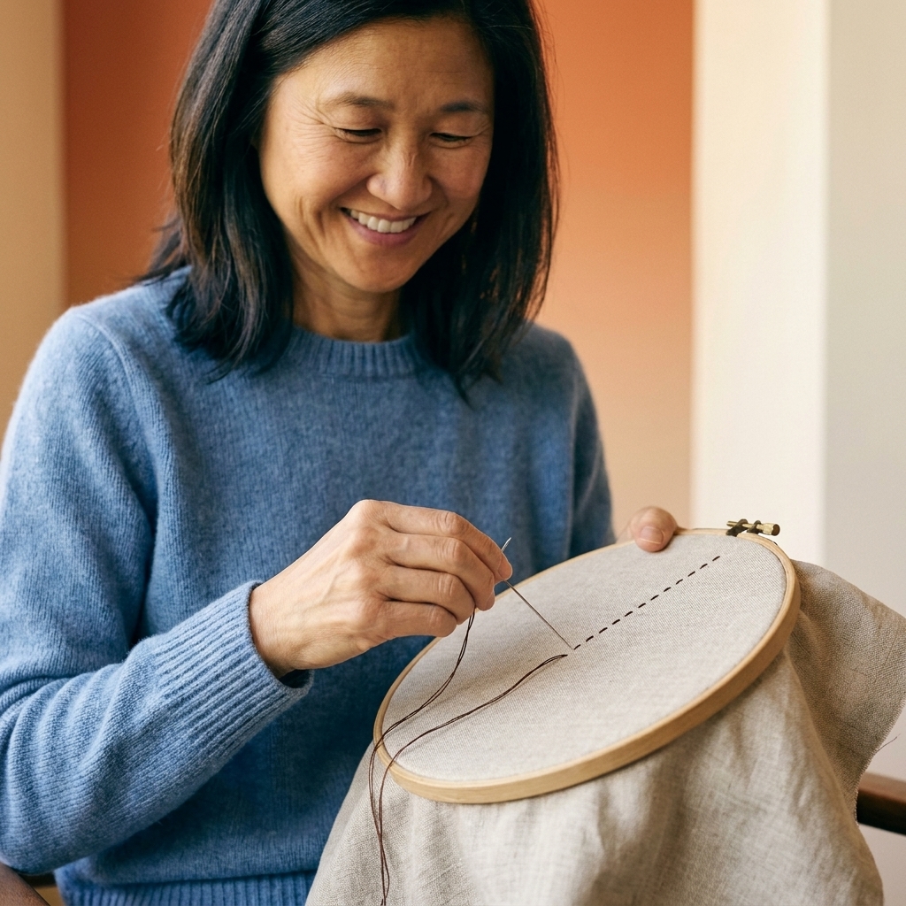 Running stitch line sewn in dark thread on light fabric inside an embroidery hoop