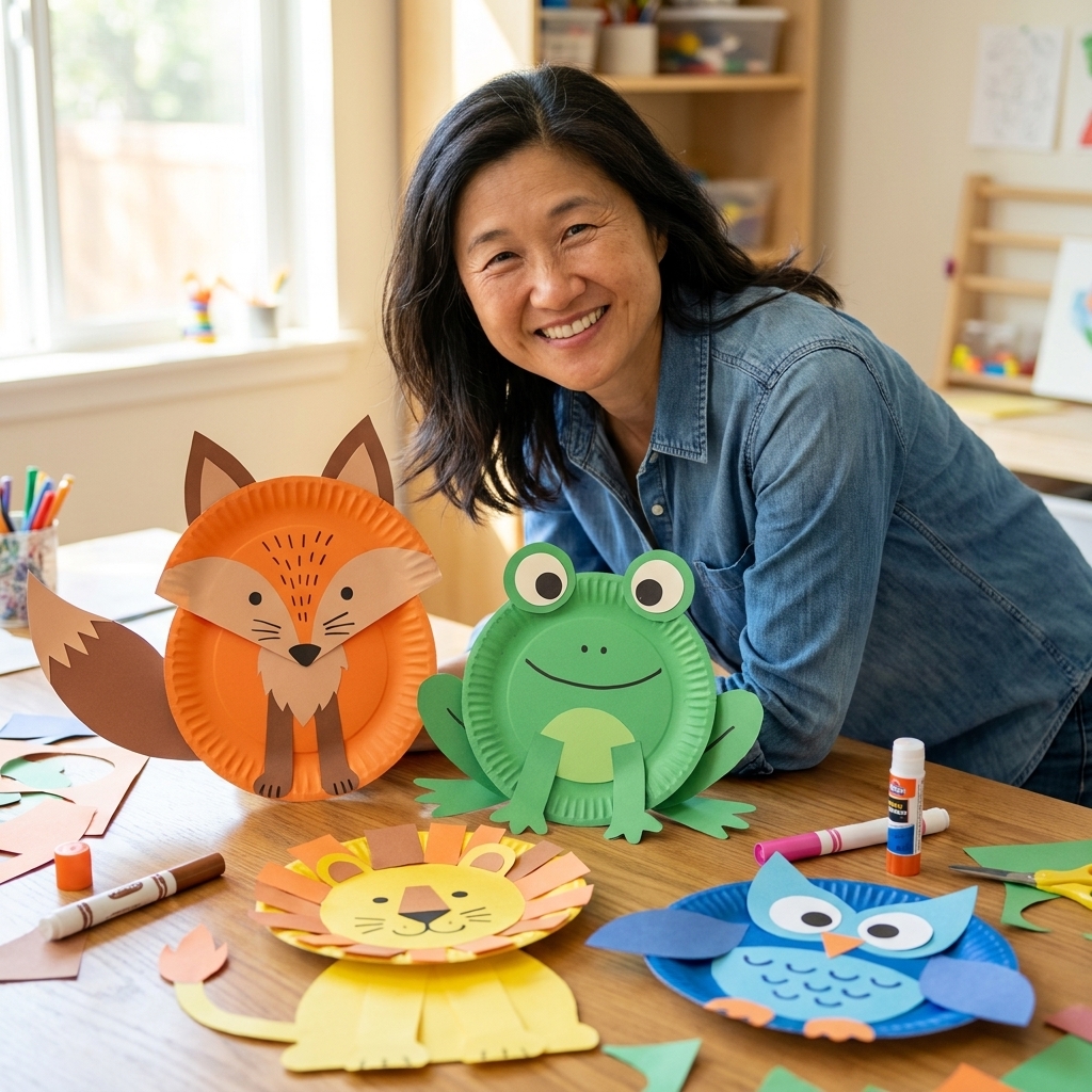Several finished paper plate animals on a table, including a fox and a frog, made with colored paper pieces and marker details