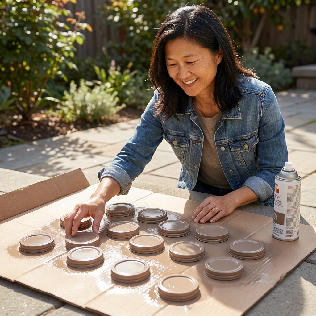 Several jar lids laid out on cardboard outdoors, freshly spray-painted in a warm neutral color and drying in sunlight