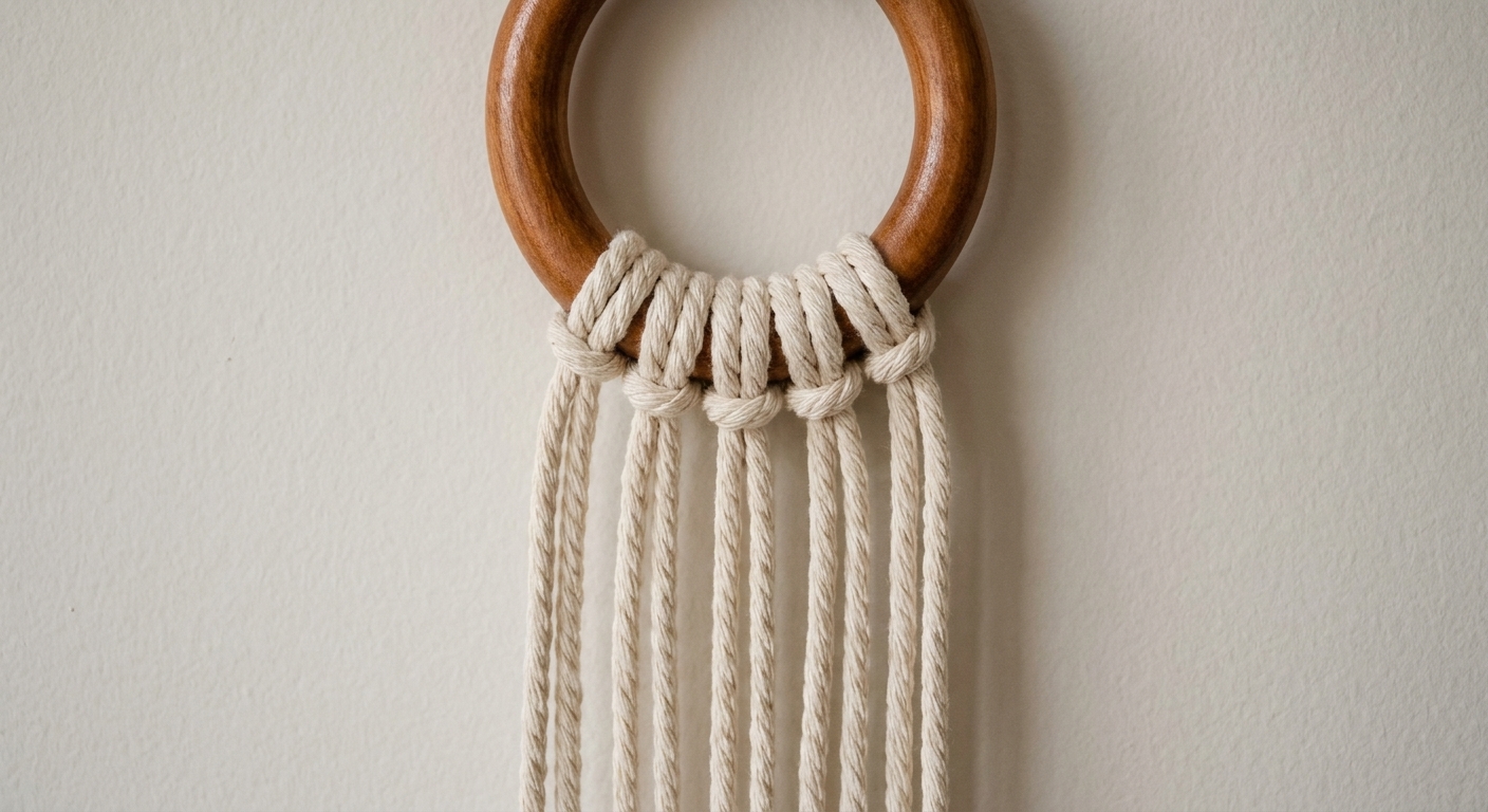 Several natural cotton cords attached to a wooden ring using lark's head knots