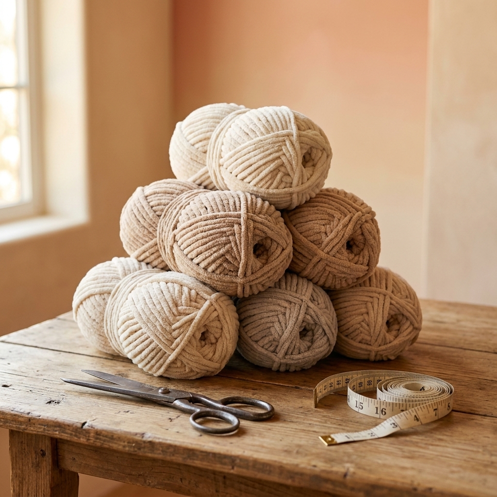 Several skeins of jumbo chenille yarn in a neutral color stacked on a craft table next to scissors and a measuring tape