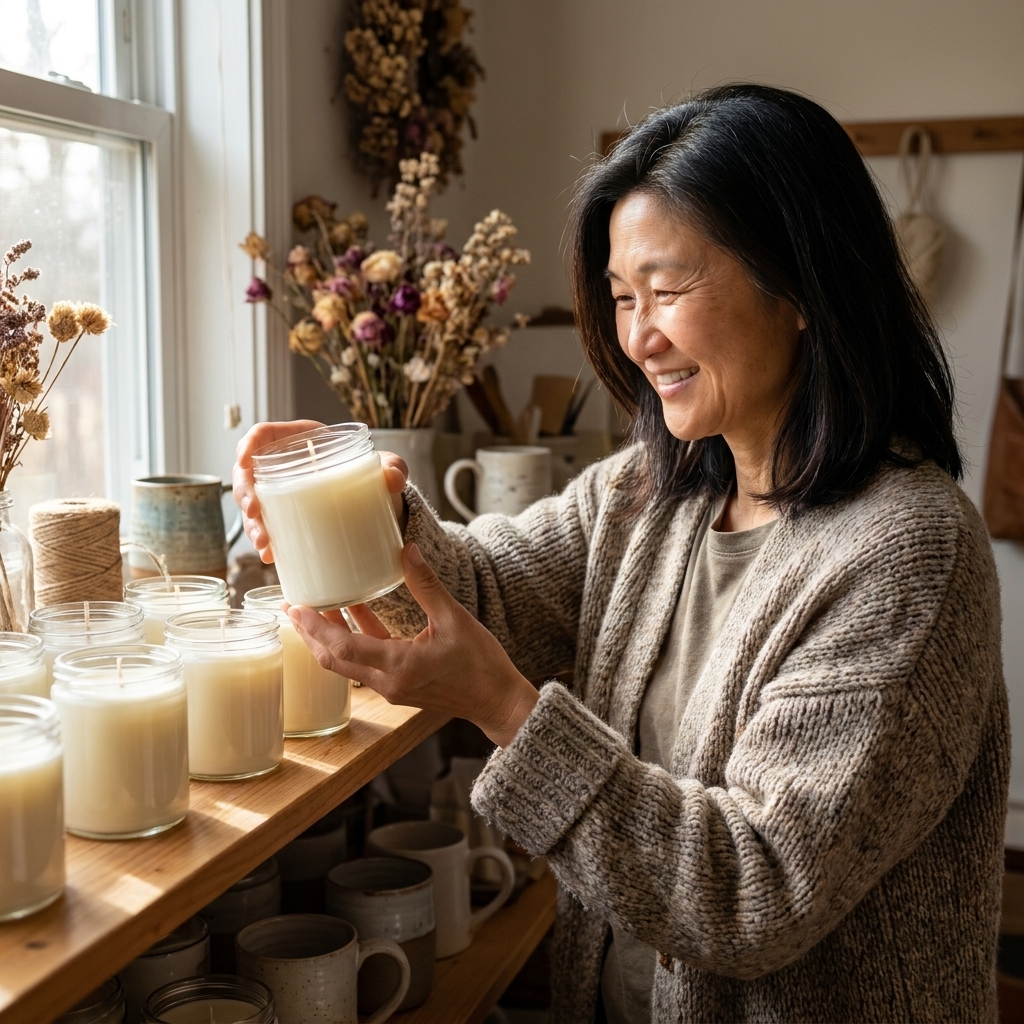 Several soy candles in clear glass jars curing on a wooden shelf in a cozy craft room, natural window light