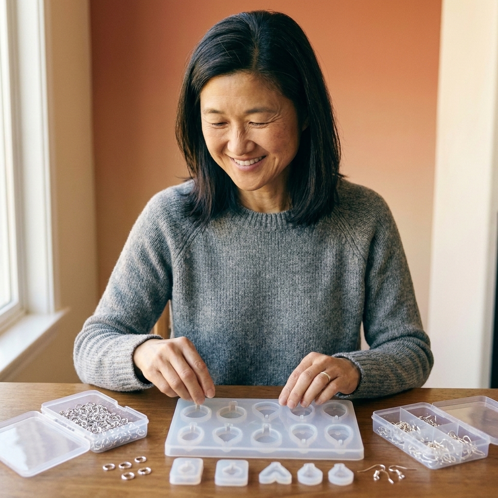 Silicone resin jewelry molds on a table, including small pendant and earring shapes, beside jump rings and earring hooks