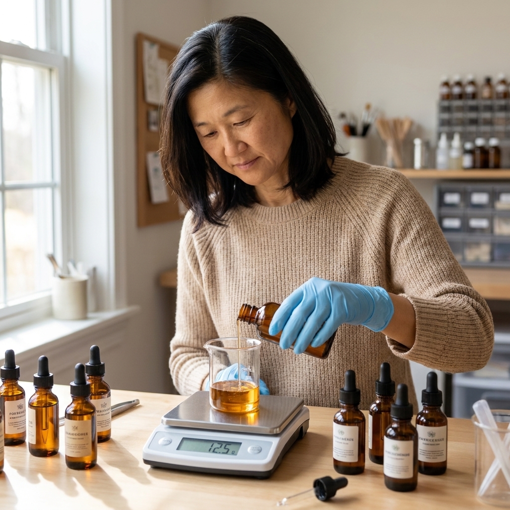 Small amber fragrance oil bottles and a digital scale on a crafting table, with a gloved hand measuring liquid into a small beaker