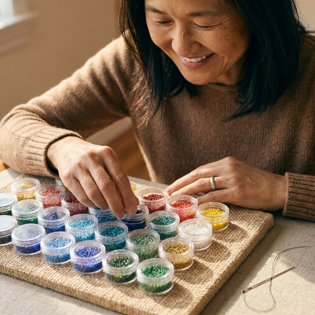Small lidded containers filled with seed beads in different colors arranged neatly on a bead mat