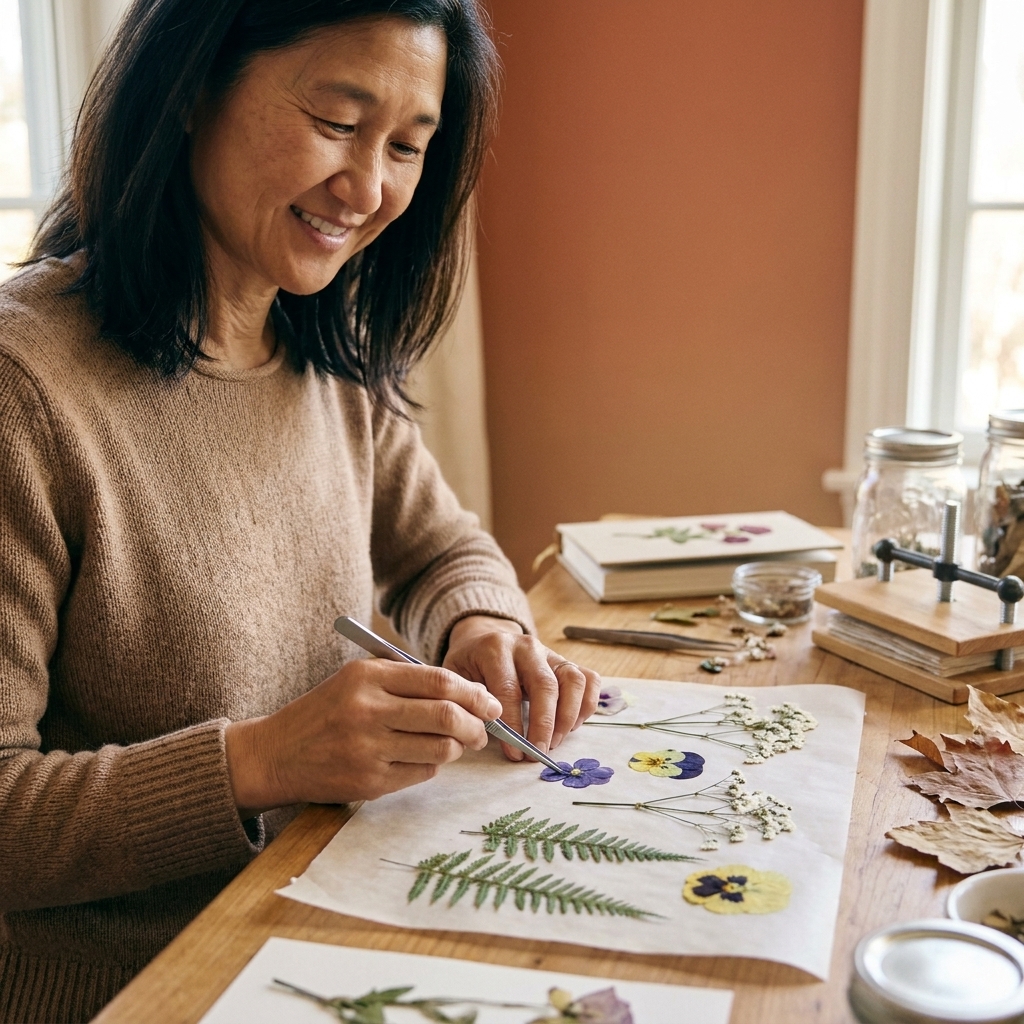 Small pressed flowers laid on parchment paper with tweezers nearby on a craft workspace