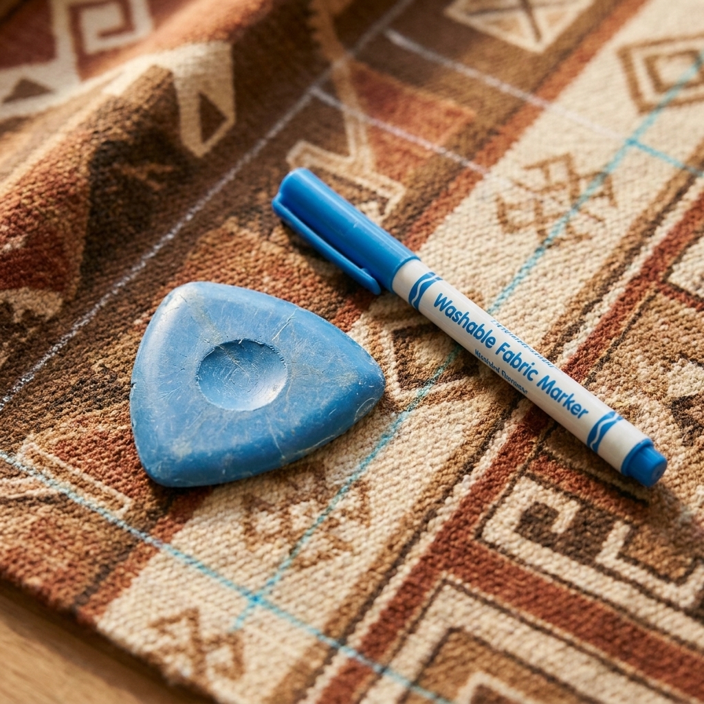 Tailor’s chalk and a washable fabric marker resting on patterned fabric with a few faint guideline marks