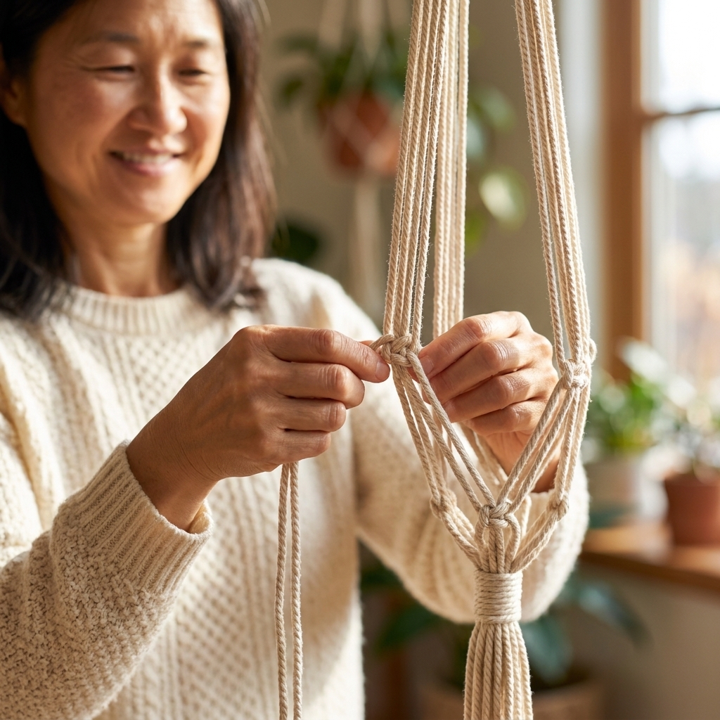 The basket section of a macrame hanger where cords from adjacent groups are tied together with square knots