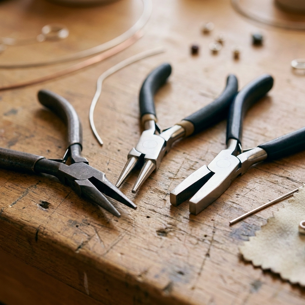 Three jewelry pliers on a work surface: chain-nose pliers, round-nose pliers, and flat-nose pliers with smooth jaws