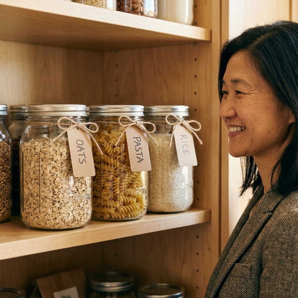 Three mason jars on an open pantry shelf filled with oats, pasta, and rice, each tied with twine and a small kraft paper tag