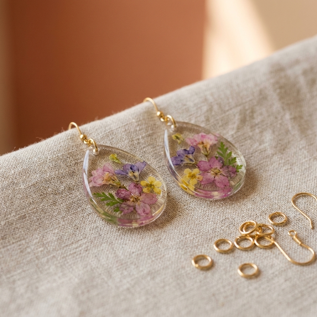 Two clear resin earrings with tiny pressed flowers inside, resting on a neutral background next to small jump rings