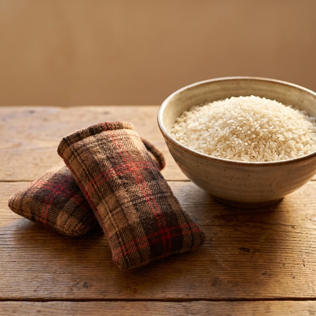 Two small handmade fabric hand warmers sewn from plaid fabric sitting beside a bowl of uncooked rice